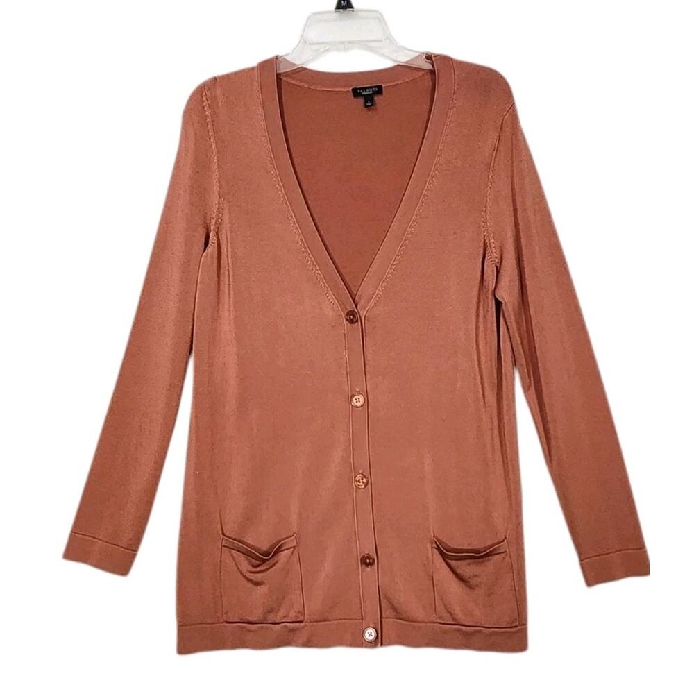 TALBOTS WOMEN CARDIGAN SZ LG PEACH PINK SLINKY CLASSIC MINIMALIST CAPSULE POCKET
